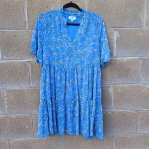 CeCe Womens Blue Floral Shift Raffled Dress M Chiffon Puff Sleeve V-neck